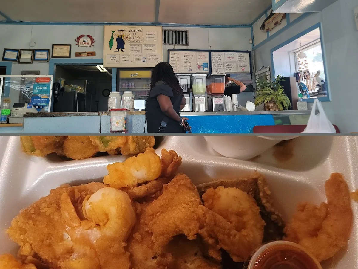 Counter service area inside a seafood spot.