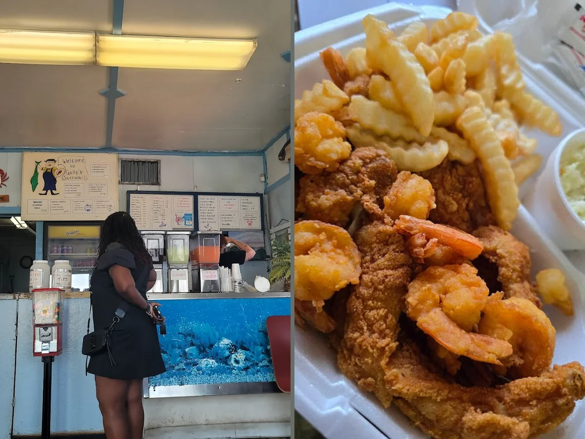 Counter service area inside a seafood spot.