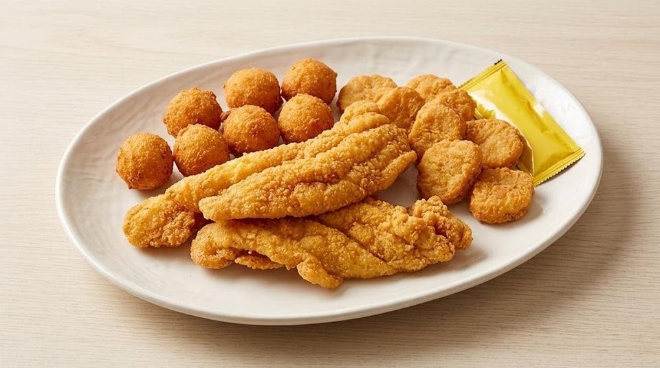 Seafood menu with sides like fries and slaw.