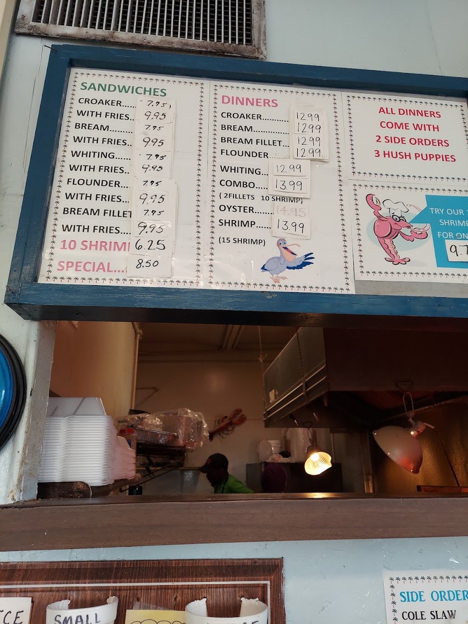 Menu page showing fried shrimp and fish dinners.